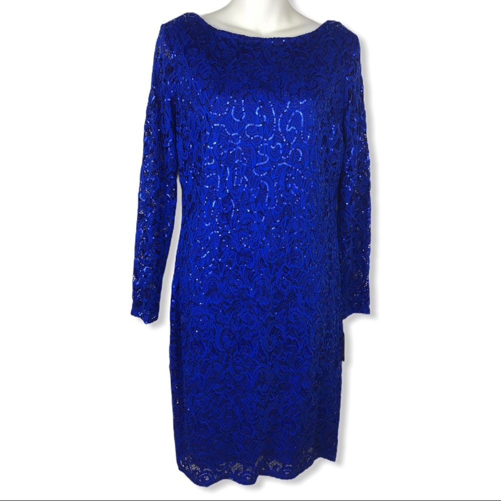 New Marina Women's All Over lace/Sequin Dress Long Sleeve 8